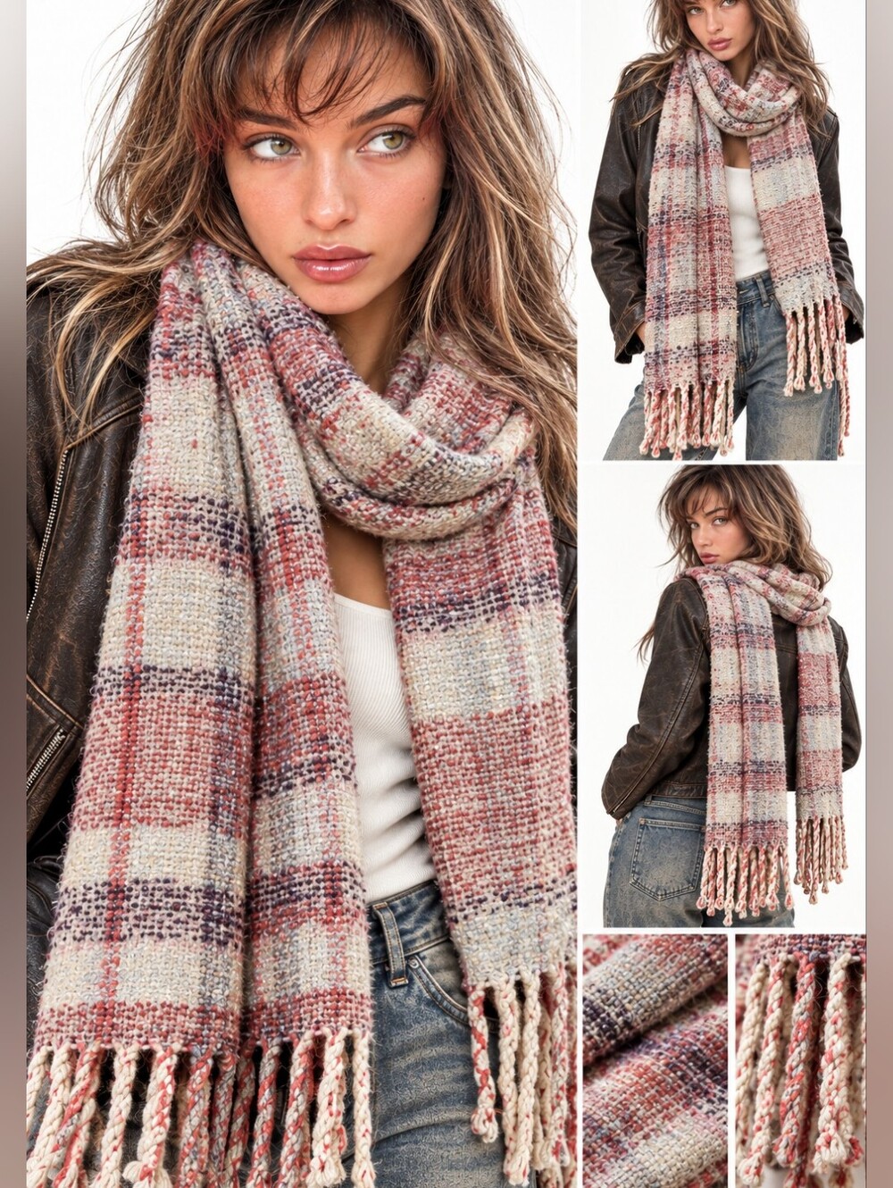 NWT Echo ECHO23NYC Plaid Fringe Scarf 100% Polyester Knit Blanket Soft Long Wide